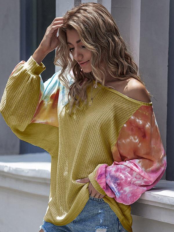 Ladies Off the Shoulder Tie-Dye Knitted Hoodies&Tops - CHALIER