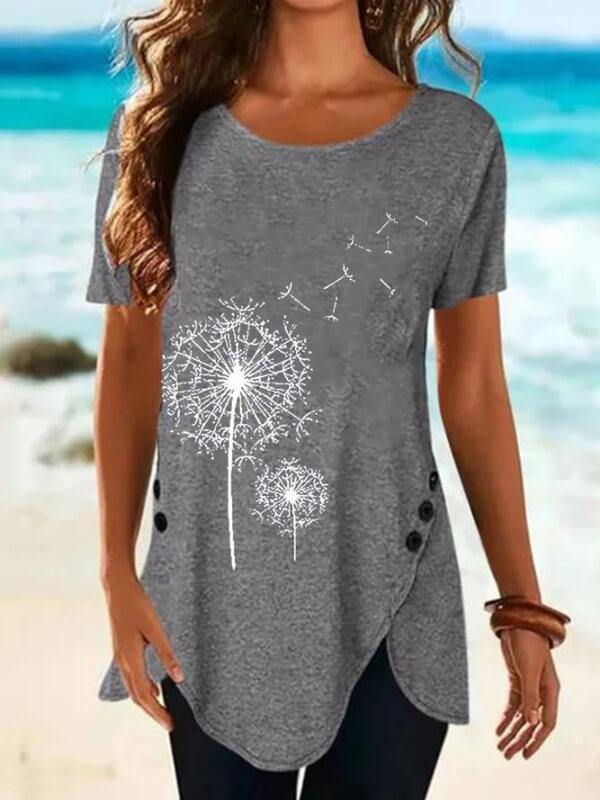 Women's Crew Neck Printed Short Sleeve Cotton-Blend Shirts & Tops - CHALIER