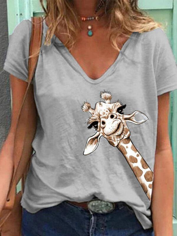 Women Cotton V Neck Giraffe Print Shirt Tee - CHALIER