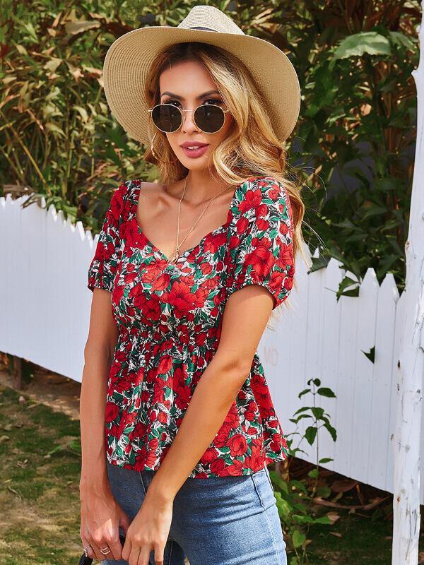 Floral Printed Short Sleeve Top&T-Shirt - CHALIER