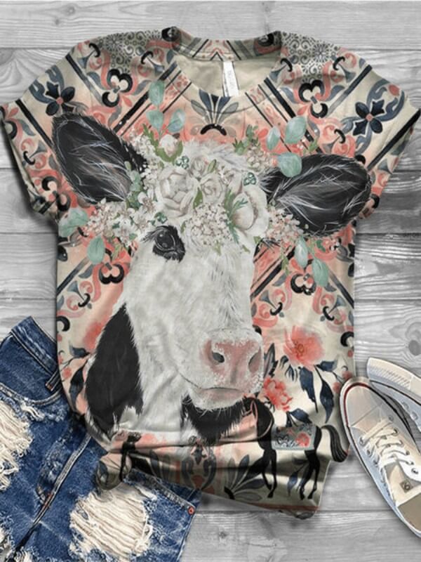 Women Cow Printed Casual Short Sleeve T-Shirt