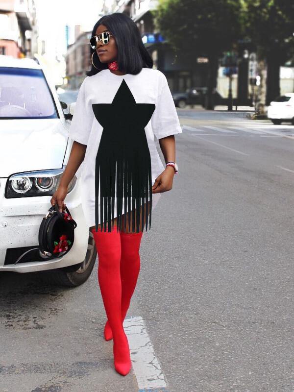 Women Contrast Color Tassel Star Printed Short Sleeve T-Shirt - CHALIER