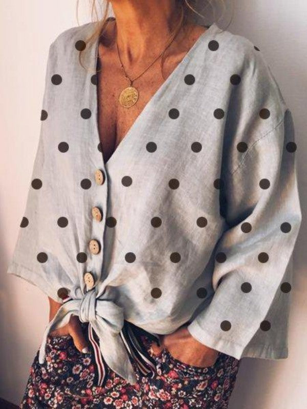 Women Polka Dot Printed V Neck Casual Blouse