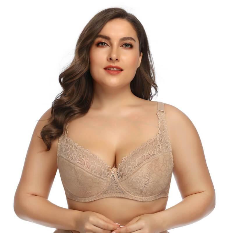Women's Plus Size Bra Lightweight Underwire Lace Floral Unpadded Bra - CHALIER