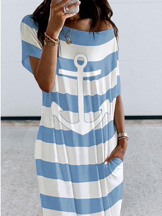 Women Striped Printed Short Sleeve Maxi Dress - CHALIER