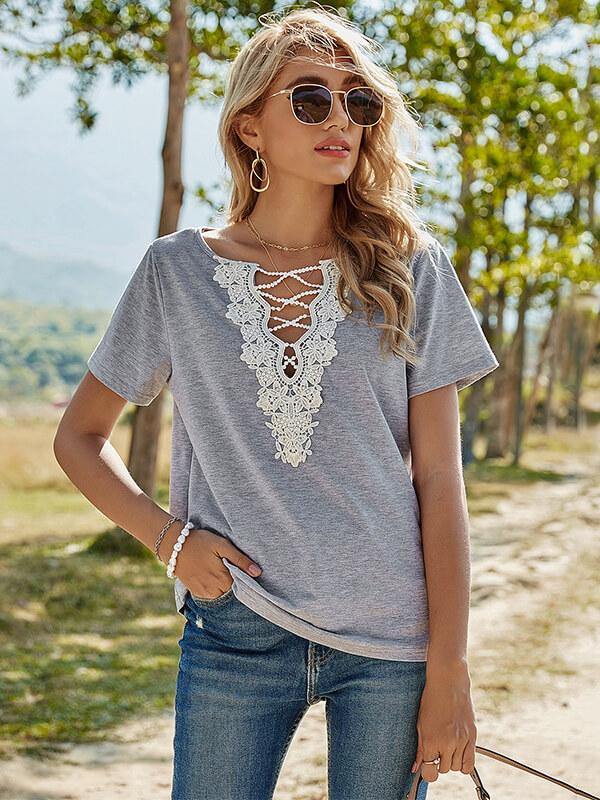 Ladies Lace V Neck Short-Sleeve T-Shirt - CHALIER
