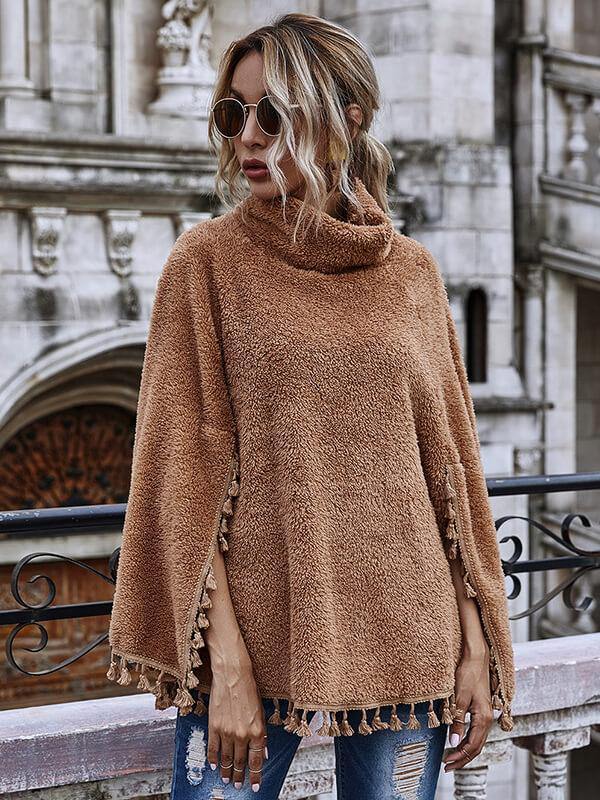 High Necked Fringe Hem Cape Long Sleeved Coat - CHALIER