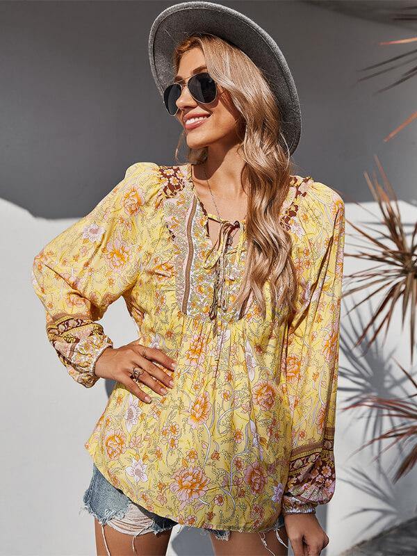 Women's V Neck Floral Printed Shirt&Top - CHALIER