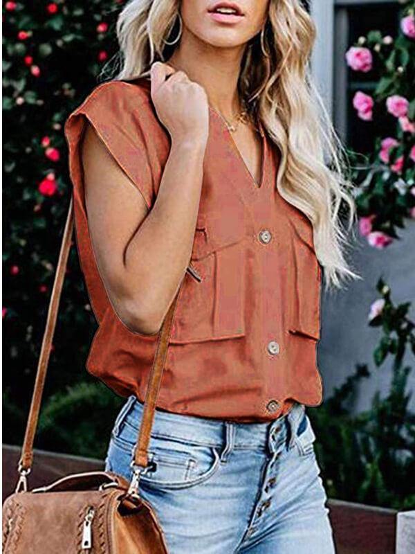 Women Solid Stand Collar Short Sleeve Blouse - CHALIER