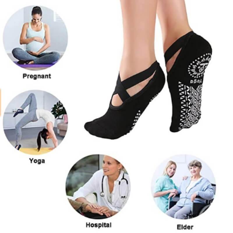 Women Yoga Socks Non Slip Grips Socks with Straps For Hospital, Home Slipper Socks - CHALIER