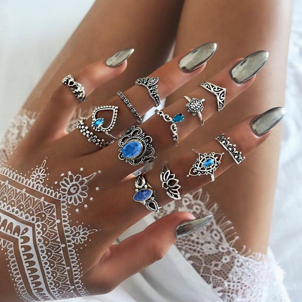 Female Design Blue Stone Rings Woman Hot Bohemia Jewelry Set