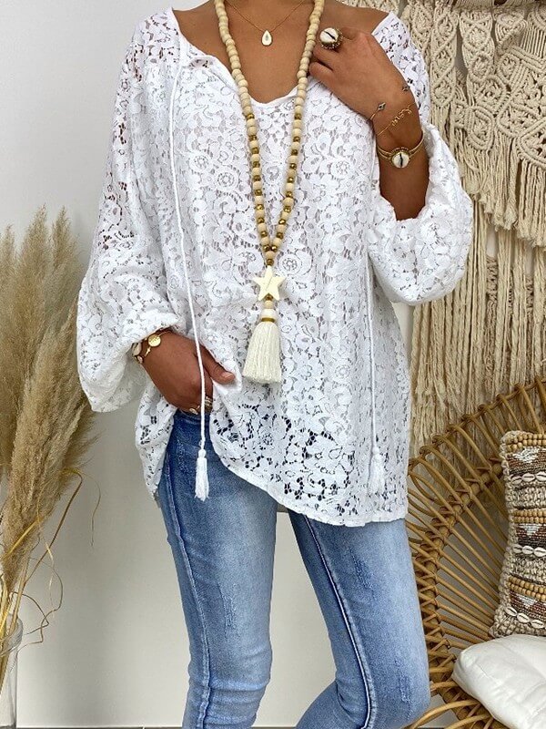 Women V Neck Long Sleeve Hollow Out Lace Blouse