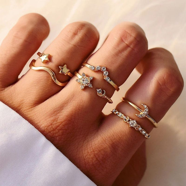 Female Fashionable Rings Woman Design Moon Gold Jewelry Set