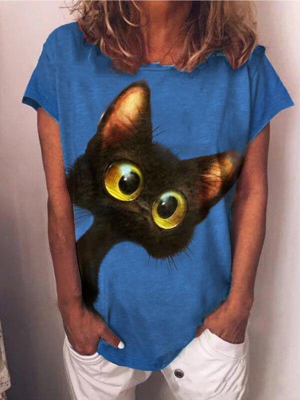 Cat Printed Plus Size Short Sleeve Casual Top - CHALIER