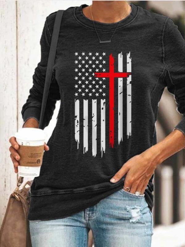 Women's American Flag With Cross Sweatshirt - CHALIER