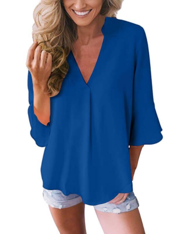 Women 3/4 Sleeve Solid Blouse V Neck Top - CHALIER