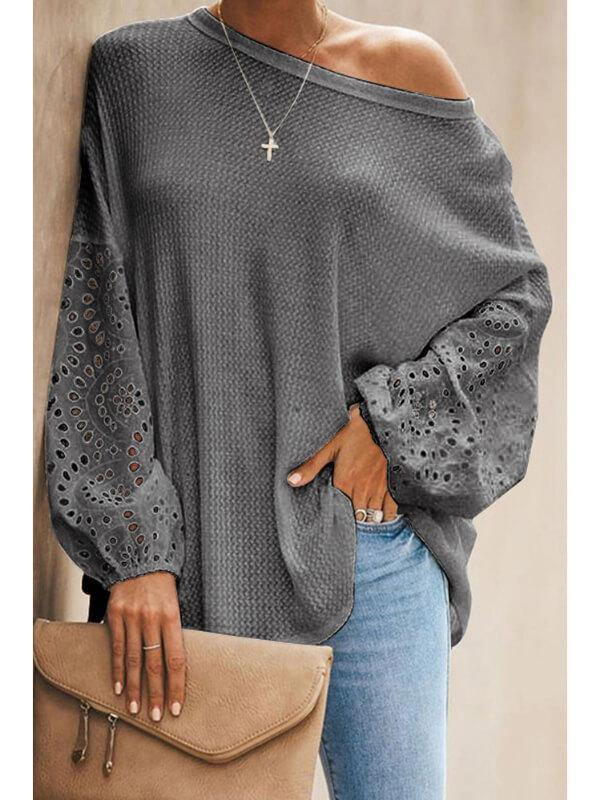 Women Solid Loose Hollow Long Sleeve T-Shirt - CHALIER