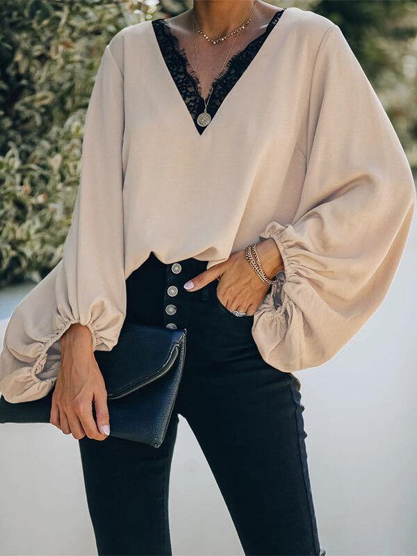 Ladies V Neck Lace Lantern Sleeve Top&Shirt - CHALIER