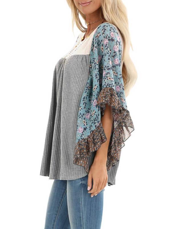 Batwing Sleeve Print Color Block Top - CHALIER