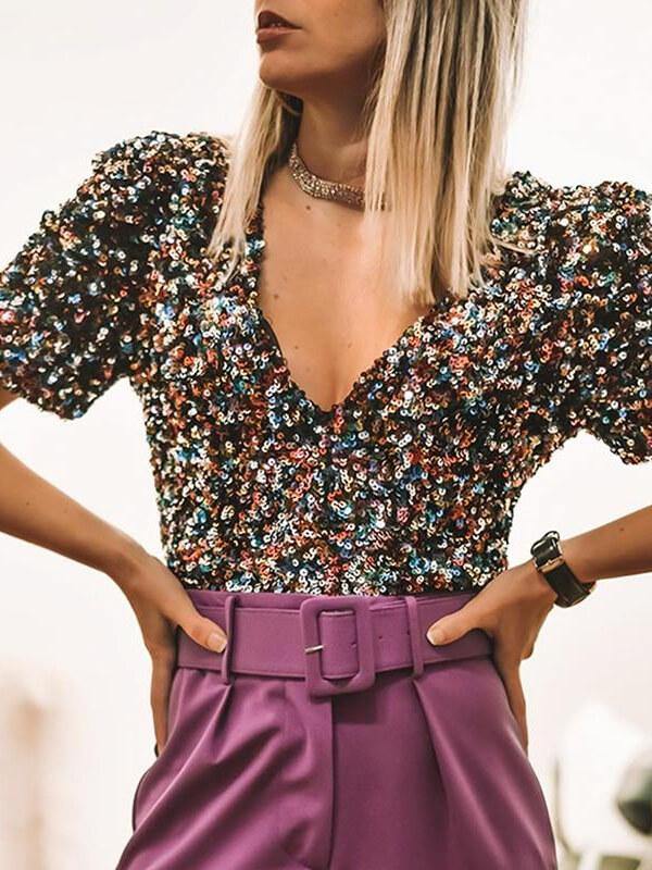 Ladies Short Sleeve Sequin Night club Top&T-shirt - CHALIER