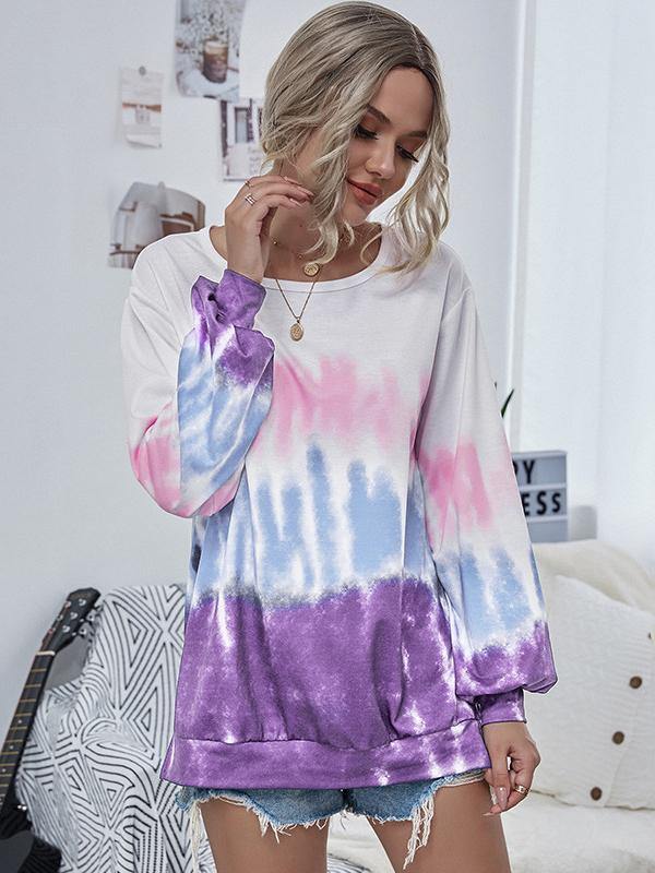 Ladeis Round Neck Tie-Dye Long-Sleeved Sports Sweatshirt - CHALIER