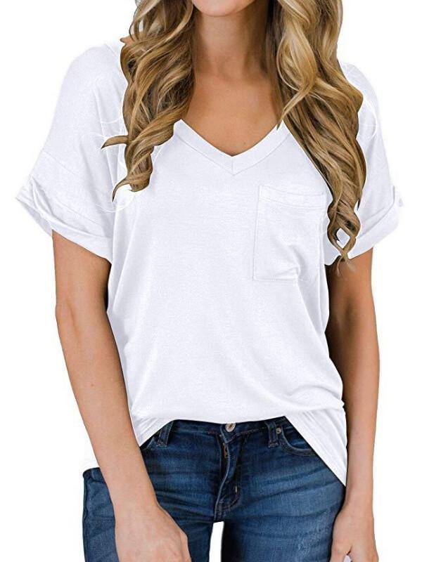 Women Cotton Solid V Neck Short Sleeve T-Shirt - CHALIER
