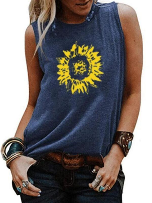 Women Crew Neck Sunflower-Print Sleeveless Casual Tank Tops - CHALIER