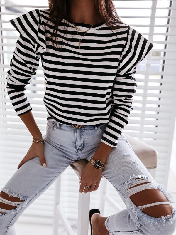 Womens Crew Neck Long Sleeve  Striped T-Shirt&Top - CHALIER