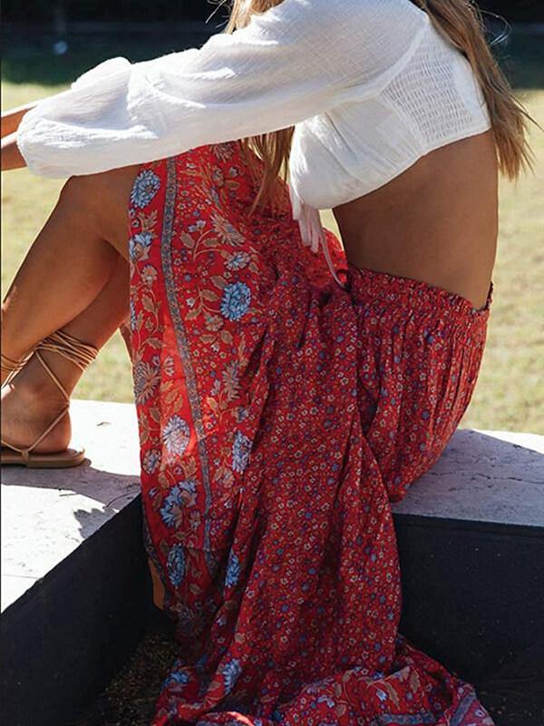 Women Elastic Waist Bohemian Floral Printed  A Line Maxi Skirt - CHALIER