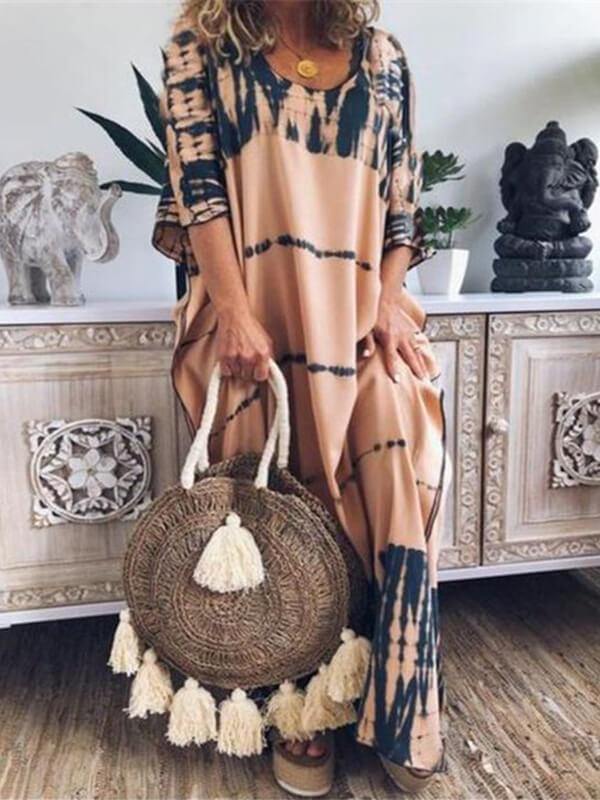 Oversize Round Neck Tie Dye Printed Dress - CHALIER
