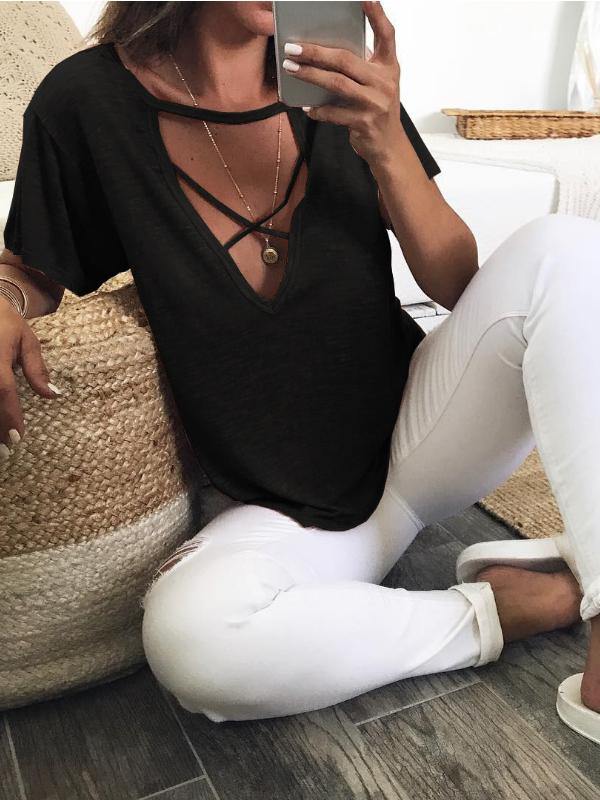 V Neck Short Sleeve Casual Solid Top&T-Shirt - CHALIER