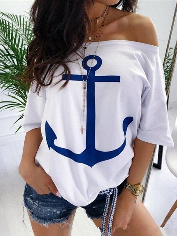 Off The Shoulder Anchor Printed Half Sleeve T-Shirt - CHALIER