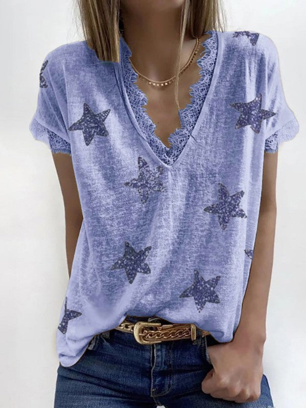 Women Lace Star Printed V Neck Short Sleeve T-Shirt
