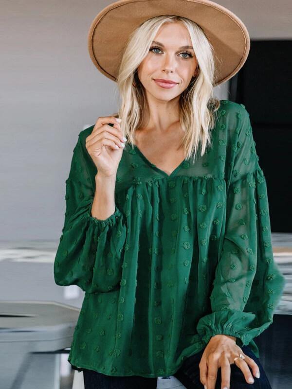 V Neck Long Sleeved Chiffon Blouse - CHALIER