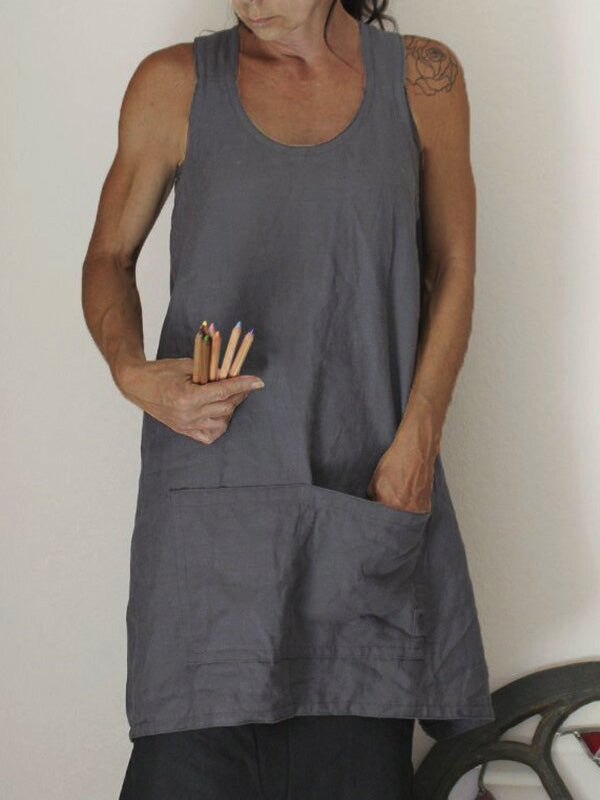 Womens Vintage Casual Linen Double Pockets Apron Pinafore Tank Top Home