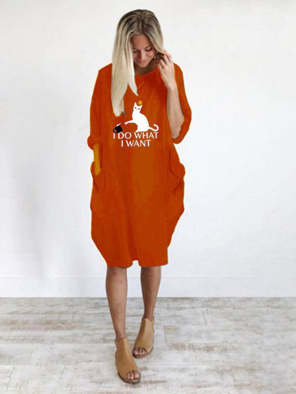 Women's Casual Cotton Letter Cat Prints Tee Dress Pocket Loose Midi Dress Plus Size - CHALIER