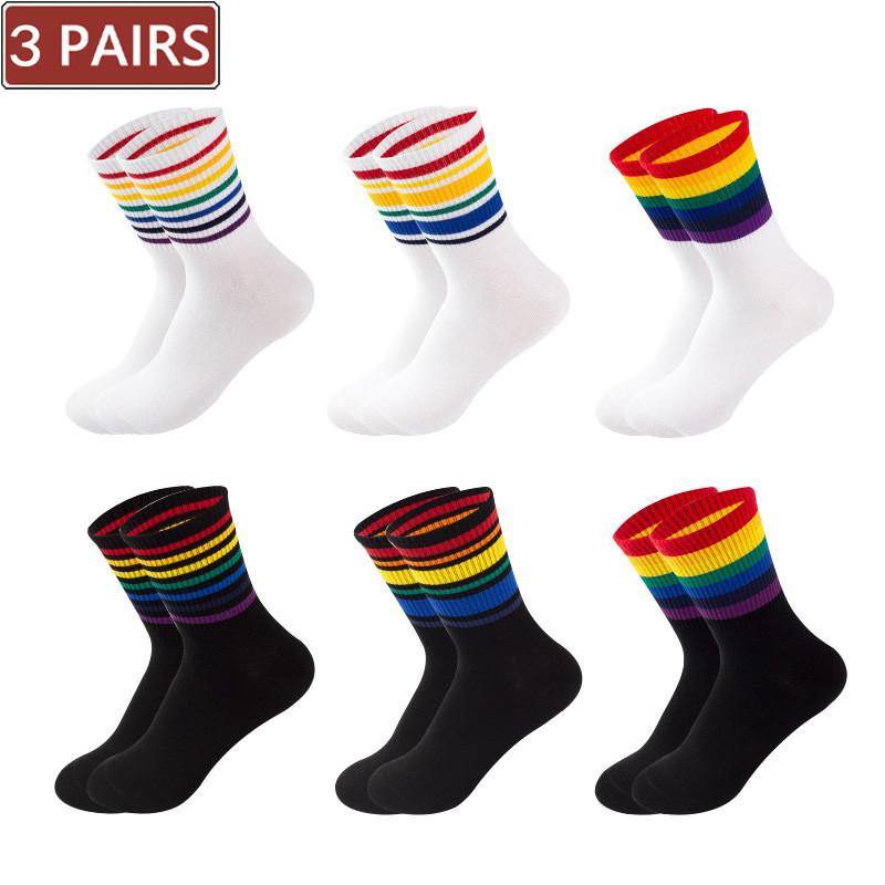 Women's Cotton Rainbow Happy Socks Black White Stripe Socks 3 Pairs Fashion Colorful Casual Short Socks - CHALIER