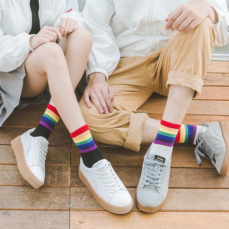 Women's Cotton Rainbow Happy Socks Black White Stripe Socks 3 Pairs Fashion Colorful Casual Short Socks - CHALIER