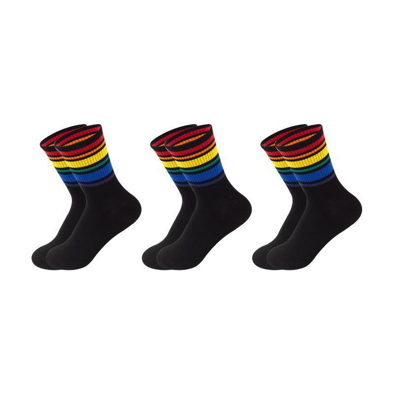 Women's Cotton Rainbow Happy Socks Black White Stripe Socks 3 Pairs Fashion Colorful Casual Short Socks - CHALIER
