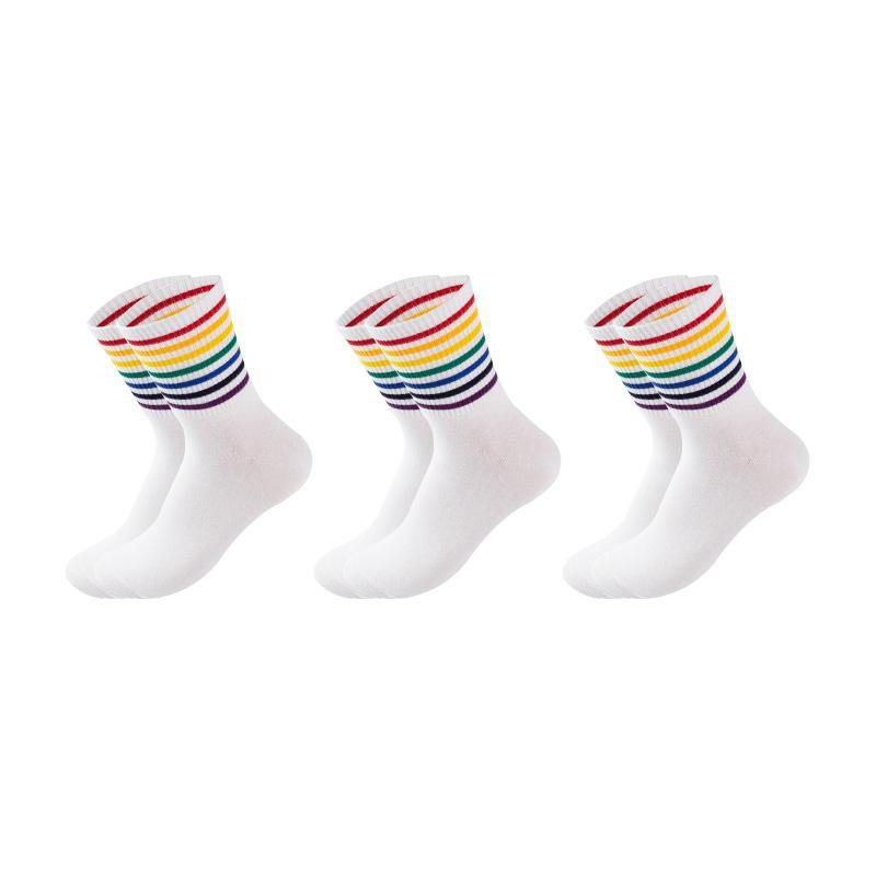 Women's Cotton Rainbow Happy Socks Black White Stripe Socks 3 Pairs Fashion Colorful Casual Short Socks - CHALIER