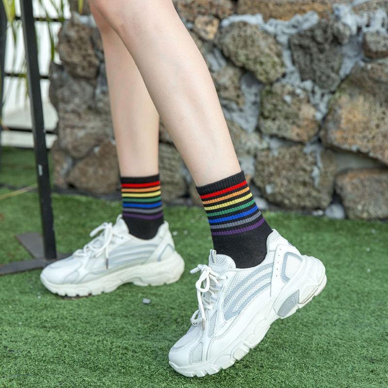 Women's Cotton Rainbow Happy Socks Black White Stripe Socks 3 Pairs Fashion Colorful Casual Short Socks - CHALIER