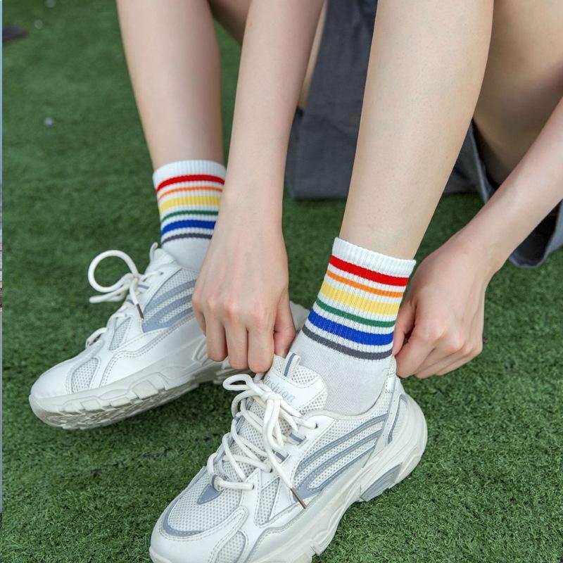 Women's Cotton Rainbow Happy Socks Black White Stripe Socks 3 Pairs Fashion Colorful Casual Short Socks - CHALIER