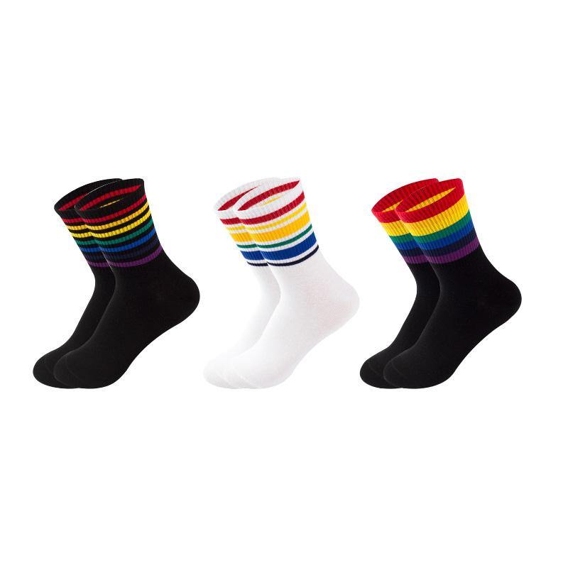Women's Cotton Rainbow Happy Socks Black White Stripe Socks 3 Pairs Fashion Colorful Casual Short Socks - CHALIER