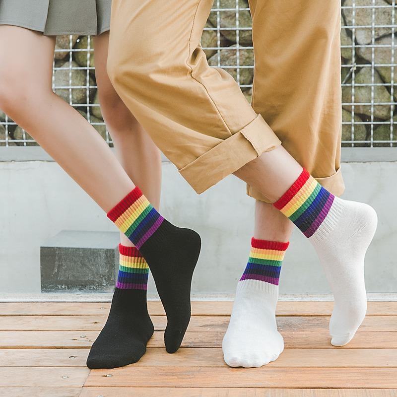 Women's Cotton Rainbow Happy Socks Black White Stripe Socks 3 Pairs Fashion Colorful Casual Short Socks - CHALIER