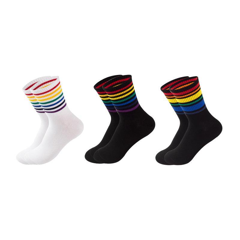 Women's Cotton Rainbow Happy Socks Black White Stripe Socks 3 Pairs Fashion Colorful Casual Short Socks - CHALIER