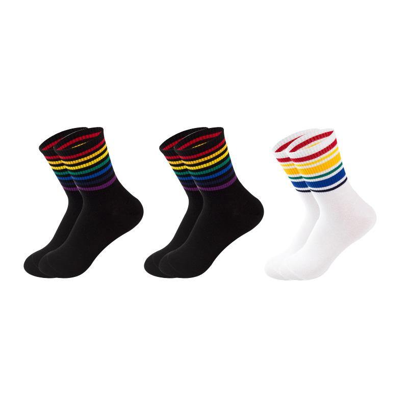 Women's Cotton Rainbow Happy Socks Black White Stripe Socks 3 Pairs Fashion Colorful Casual Short Socks - CHALIER