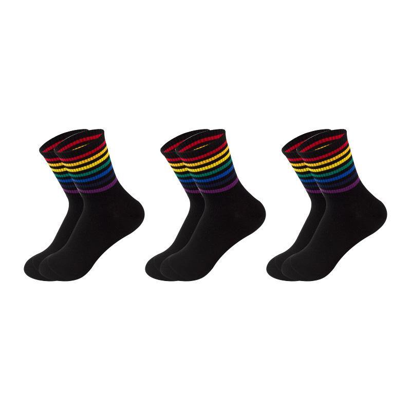 Women's Cotton Rainbow Happy Socks Black White Stripe Socks 3 Pairs Fashion Colorful Casual Short Socks - CHALIER
