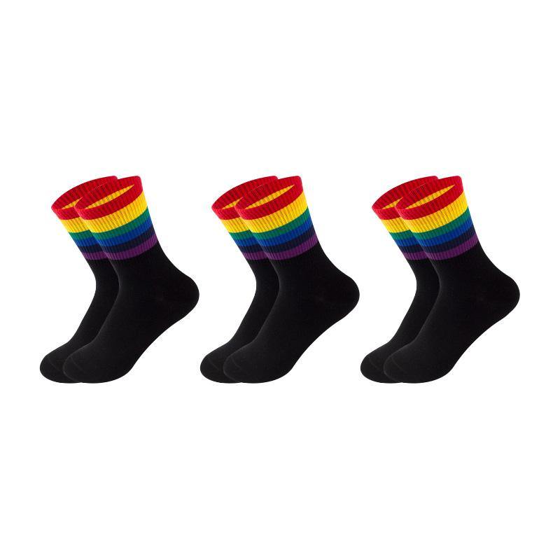 Women's Cotton Rainbow Happy Socks Black White Stripe Socks 3 Pairs Fashion Colorful Casual Short Socks - CHALIER