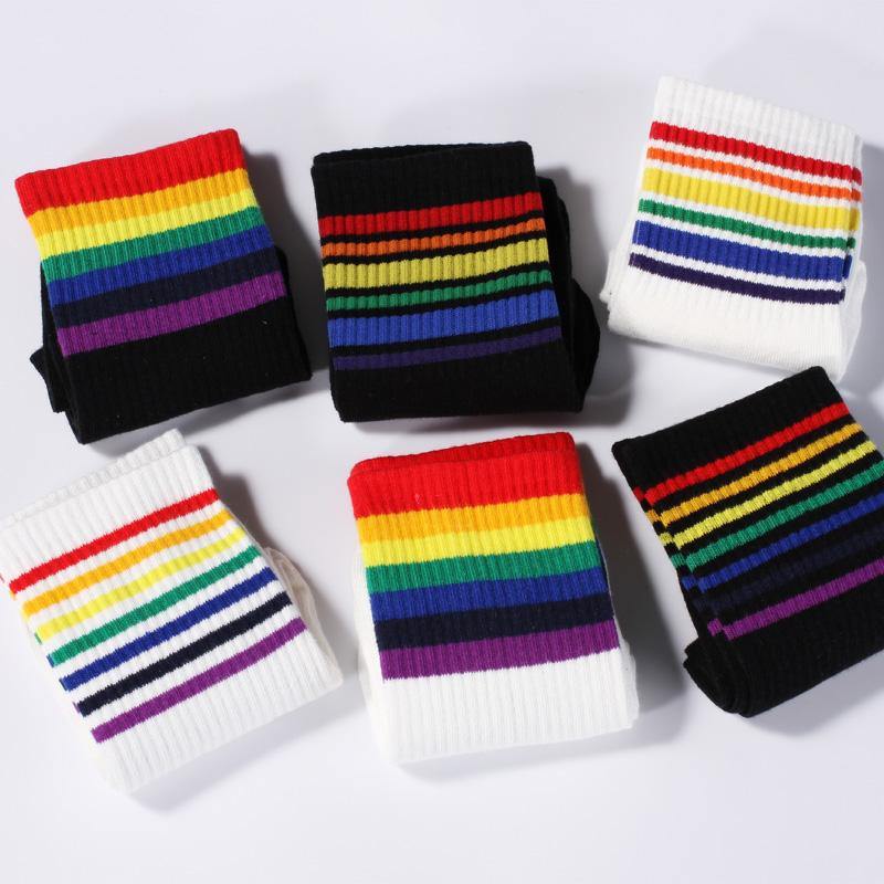 Women's Cotton Rainbow Happy Socks Black White Stripe Socks 3 Pairs Fashion Colorful Casual Short Socks - CHALIER