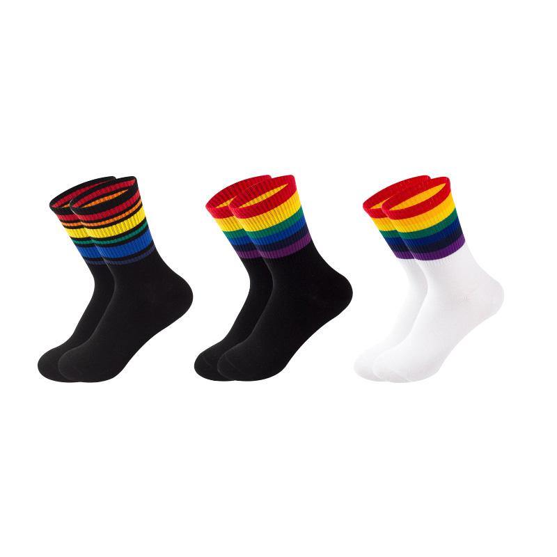 Women's Cotton Rainbow Happy Socks Black White Stripe Socks 3 Pairs Fashion Colorful Casual Short Socks - CHALIER